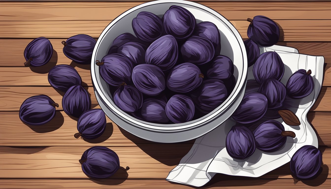 A bowl of wrinkled, dark purple dried plums with a few scattered on a wooden table