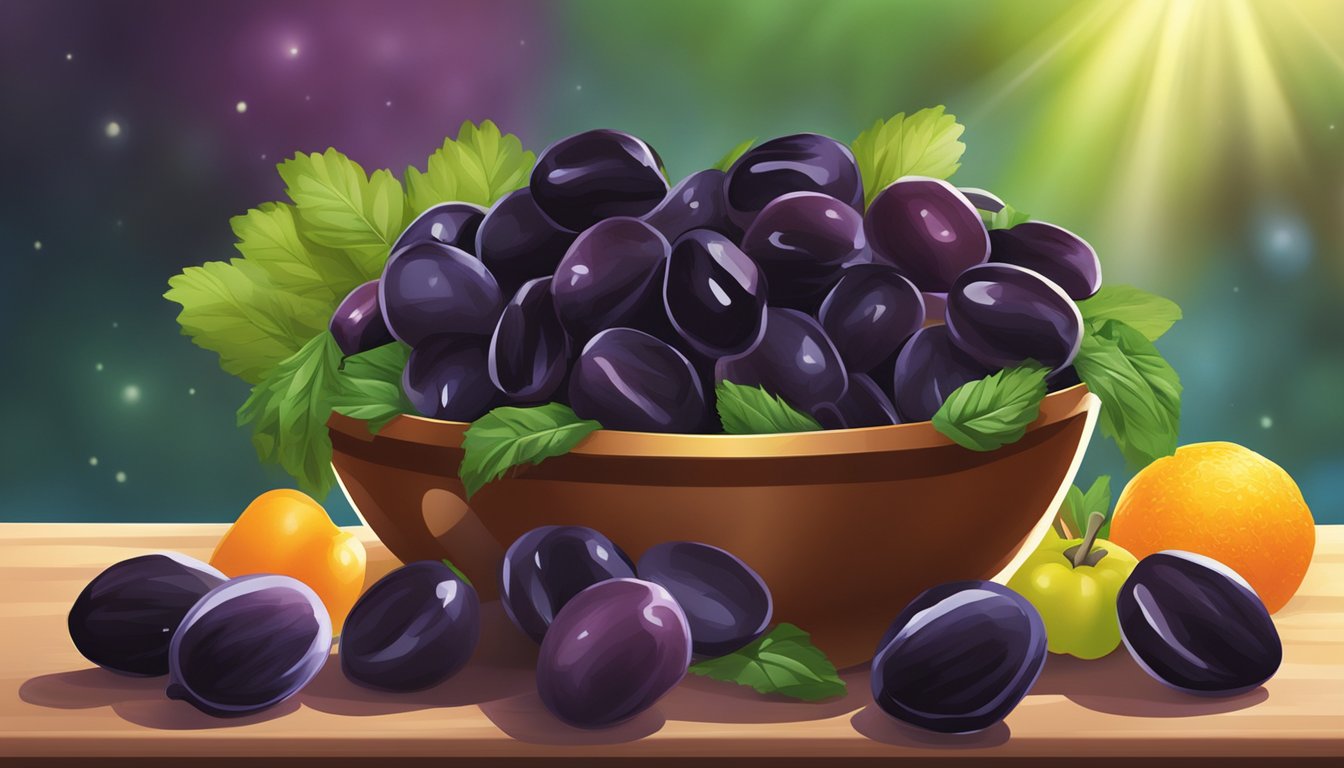 A bowl of prunes surrounded by fresh fruits and vegetables, with a bright, healthy glow emanating from the prunes