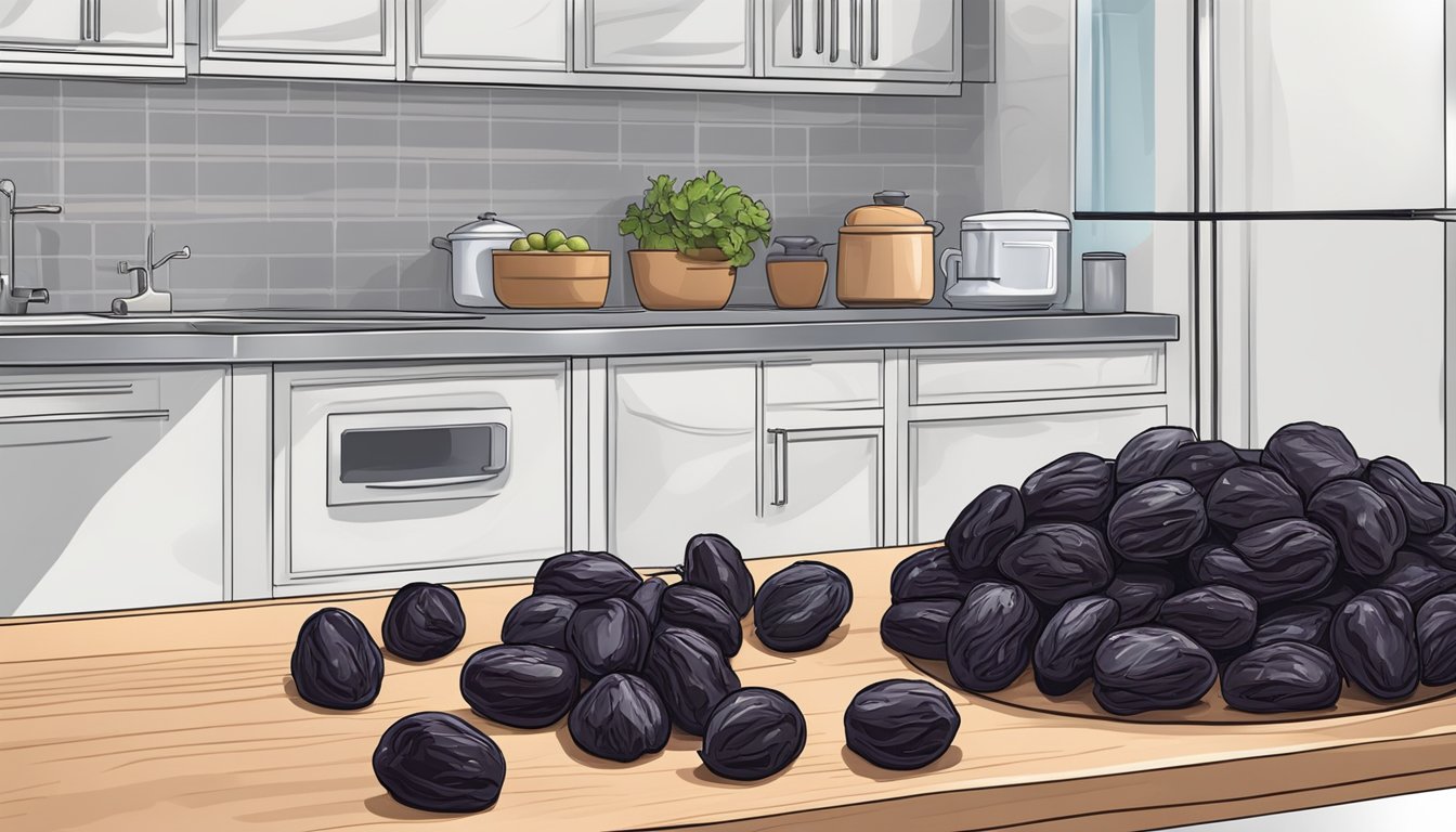 A pile of prunes sits on a kitchen counter, some fresh and plump, others dried and wrinkled. A freezer door is open, revealing frozen prunes inside