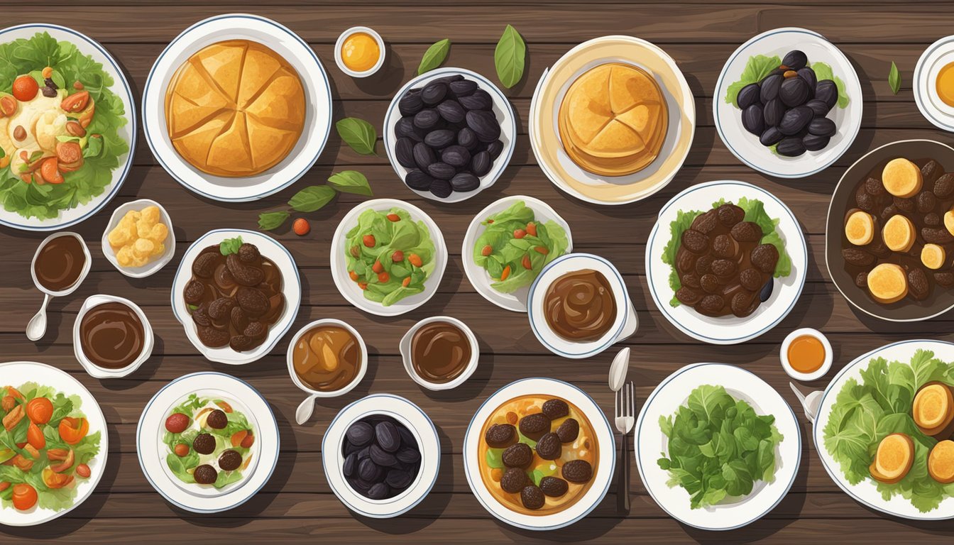 A variety of dishes featuring prunes, such as stews, salads, and desserts, displayed on a rustic wooden table