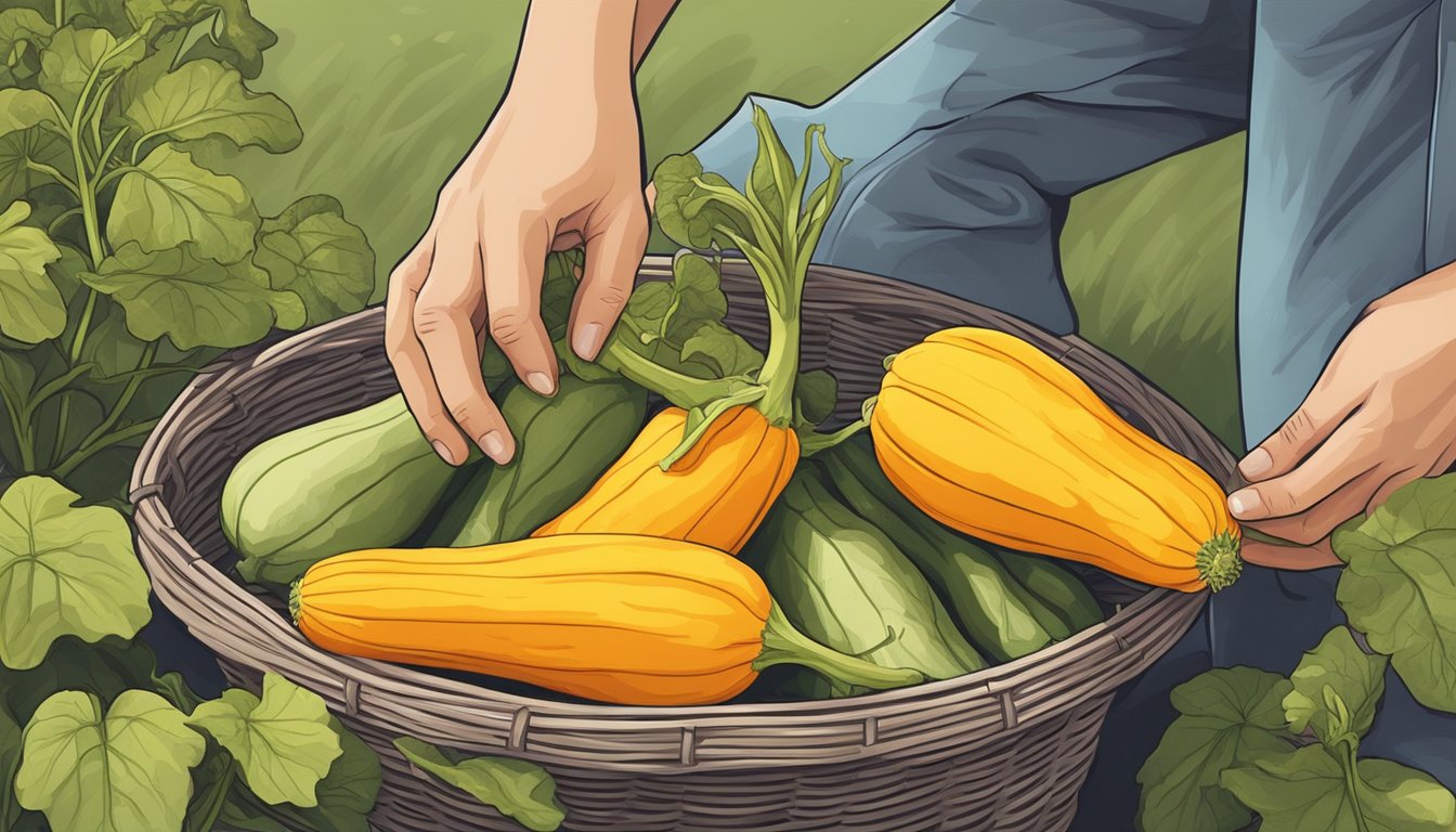 A person carefully plucks fresh squash blossoms from the plant, inspecting for any signs of pests or damage before gently placing them in a basket