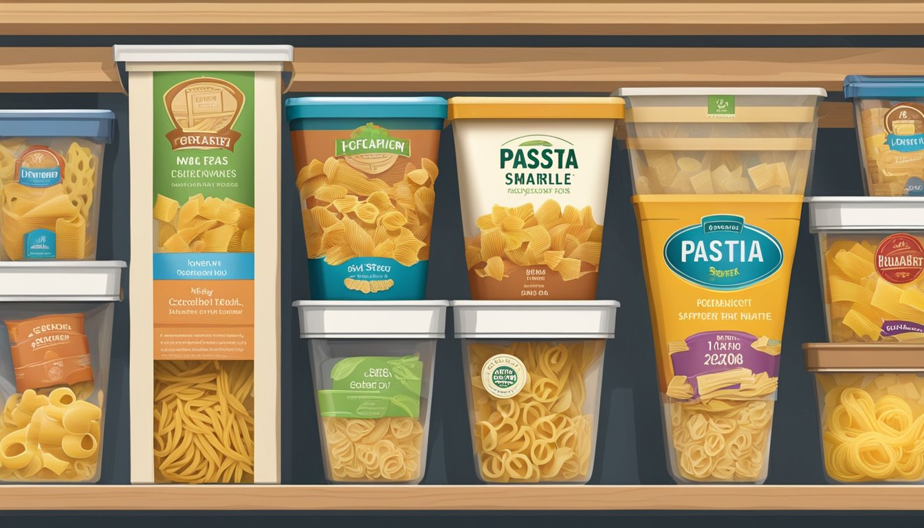 A variety of pasta shapes and sizes displayed in a pantry, with some packages showing expiration dates