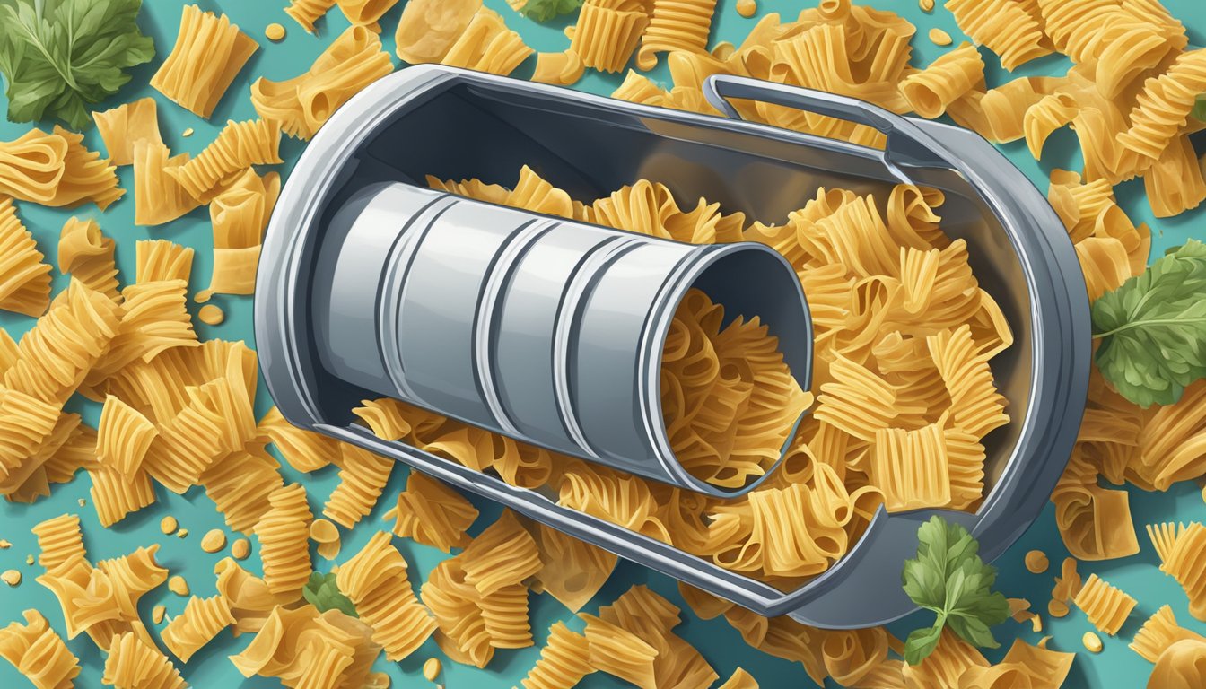 A package of expired dried pasta being tossed into a trash can, surrounded by other discarded food items