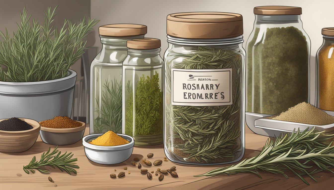 A jar of expired dried rosemary with a faded label, surrounded by other herbs and spices on a cluttered kitchen counter