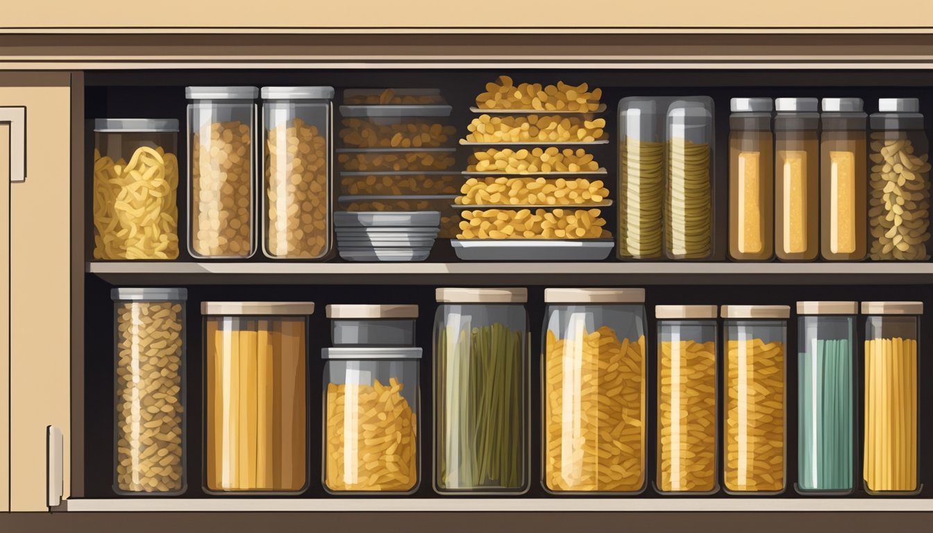 A pantry with expired dried pasta on a shelf, with visible signs of aging and potential spoilage