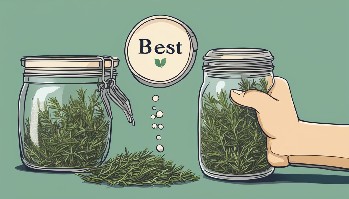 A hand reaching for a jar of dried rosemary with a "best by" date that has passed, with a question mark hovering above it