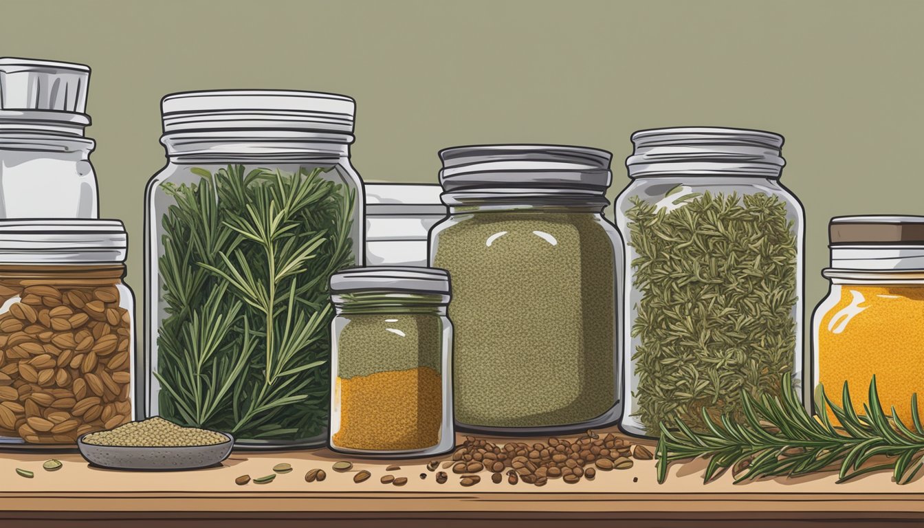 A jar of dried rosemary sits on a shelf, surrounded by other spices. The expiration date on the label has passed, but the herb still looks vibrant and fragrant