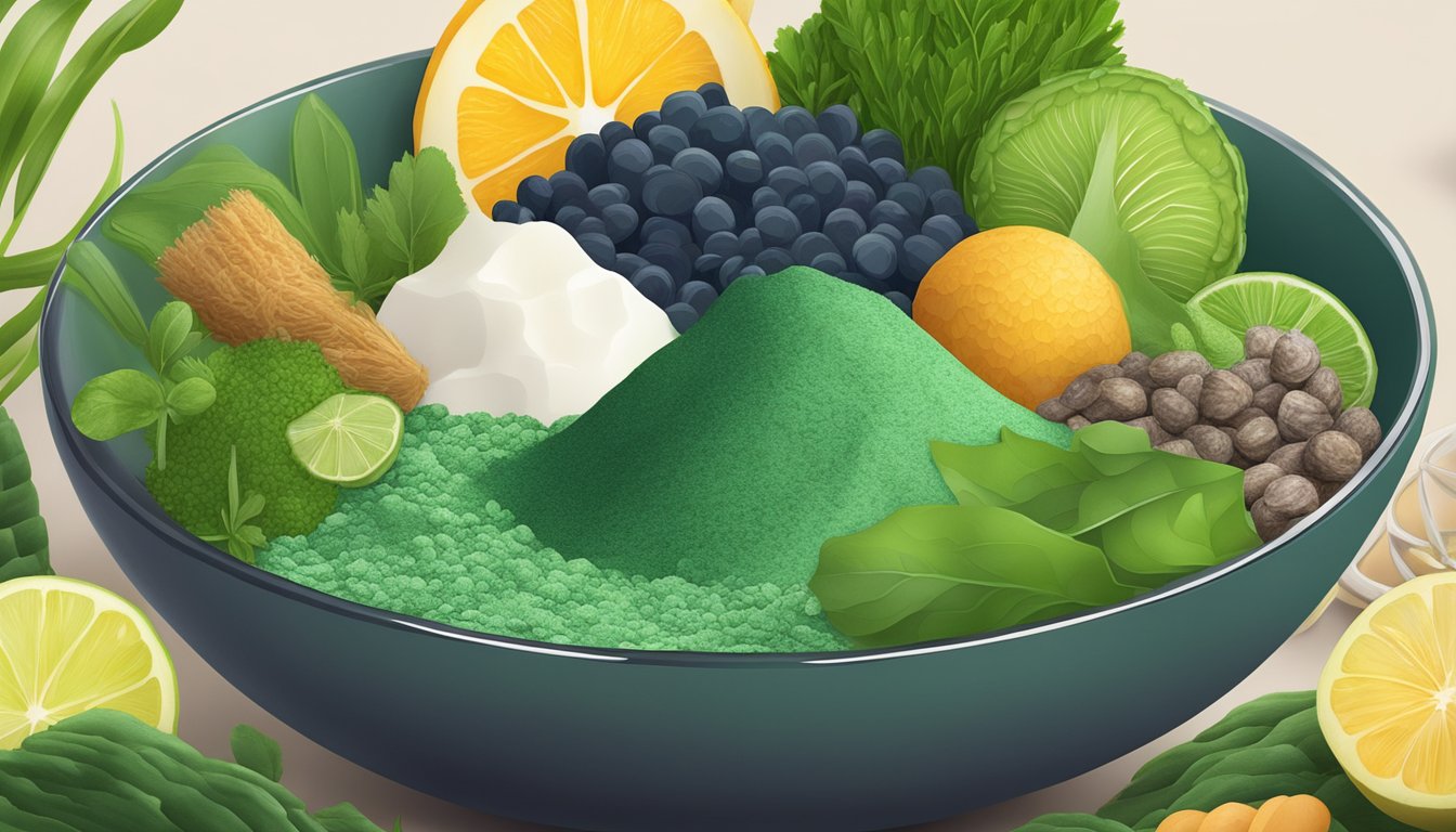 A bowl of spirulina powder surrounded by fresh green algae and a variety of nutrient-rich foods