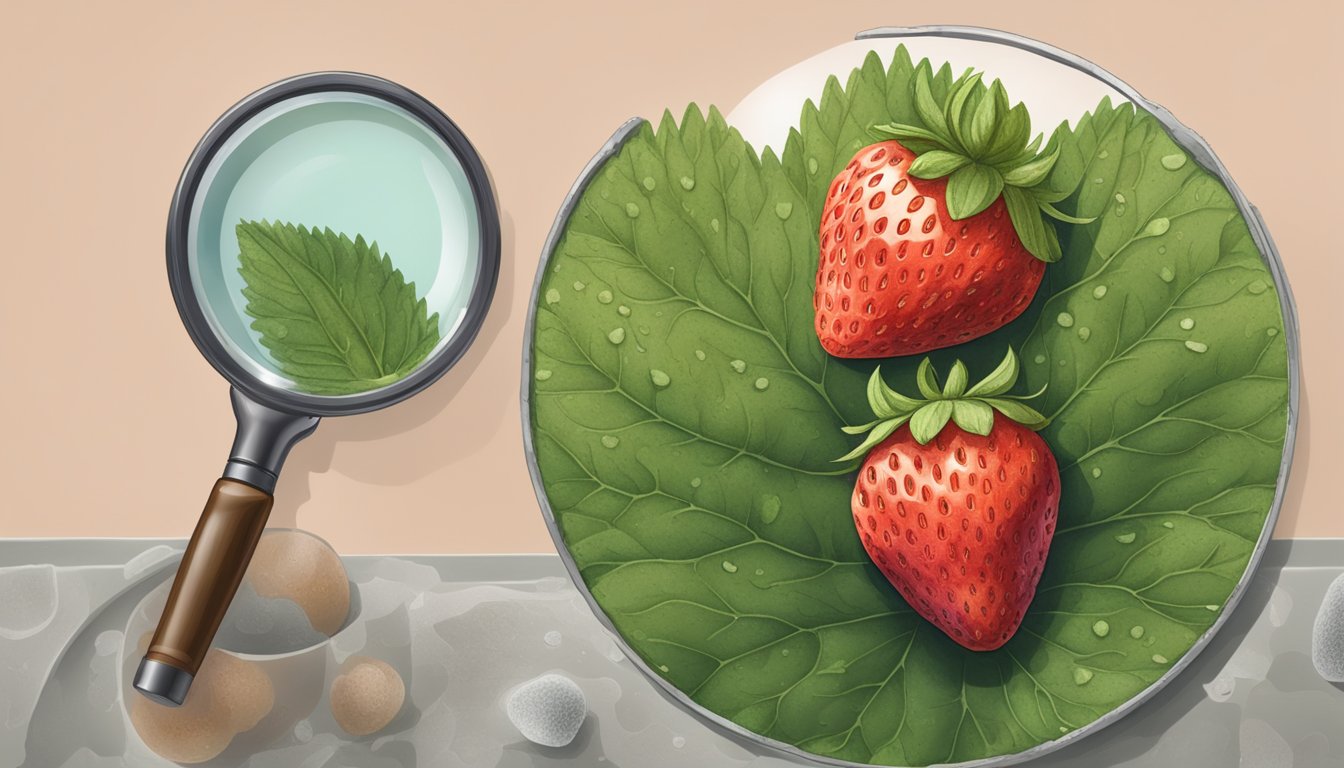 A moldy strawberry next to a fresh one, with a magnifying glass examining the mold