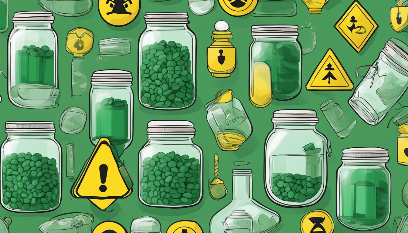 A jar of spirulina surrounded by various caution signs and symbols