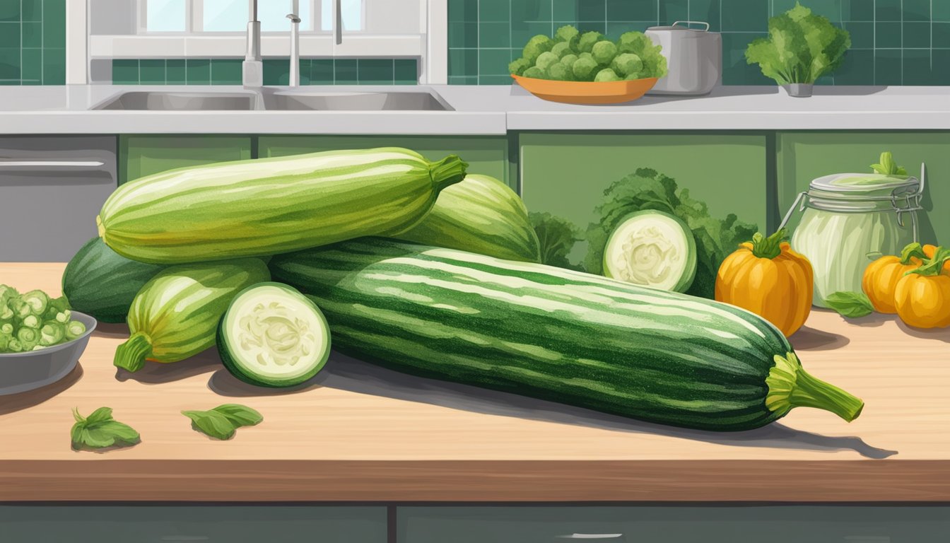 A zucchini covered in green and white mold sits on a kitchen counter next to other fresh produce