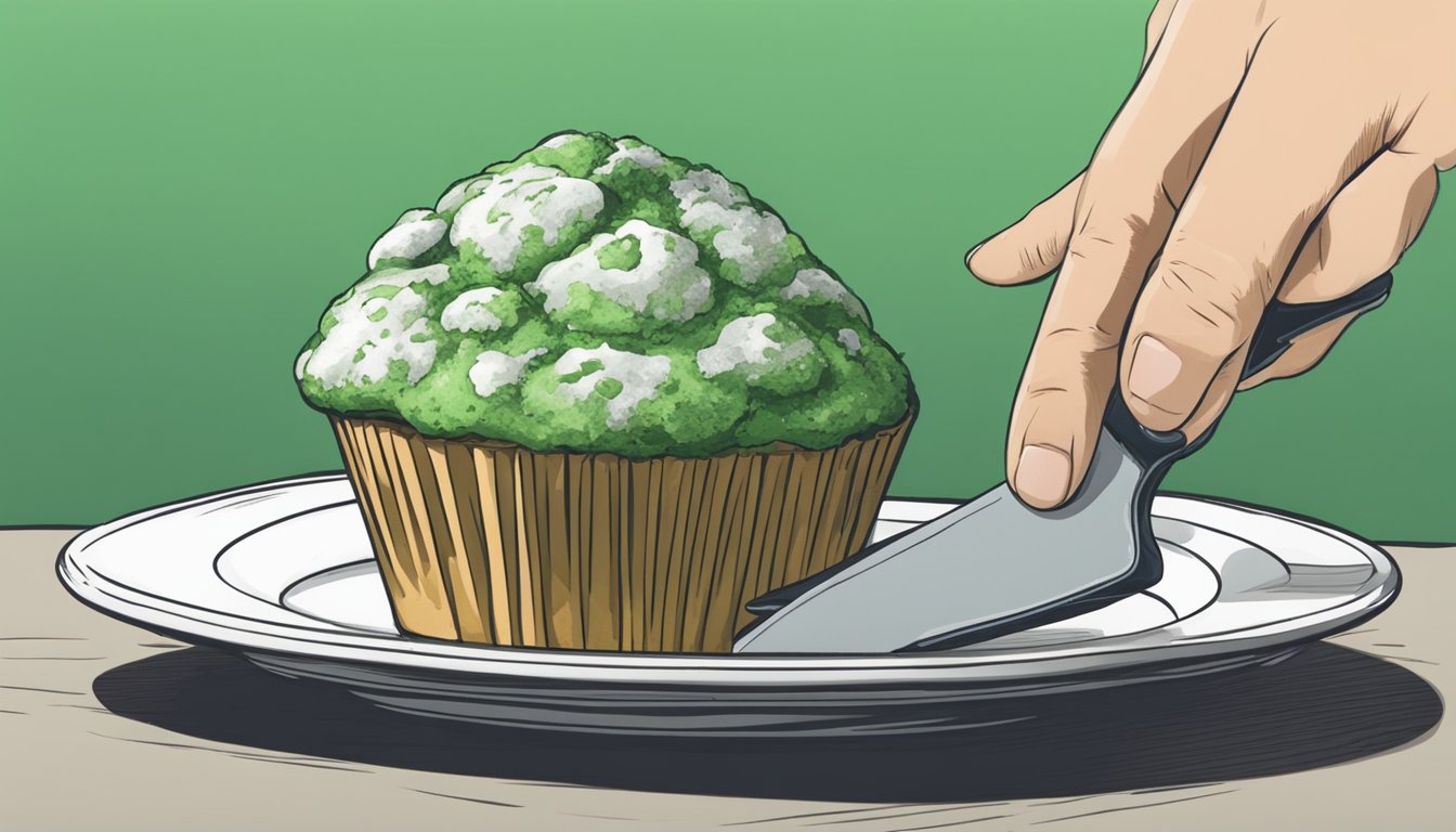 A muffin covered in green and white mold sits on a plate next to a knife and a hesitant hand reaching towards it