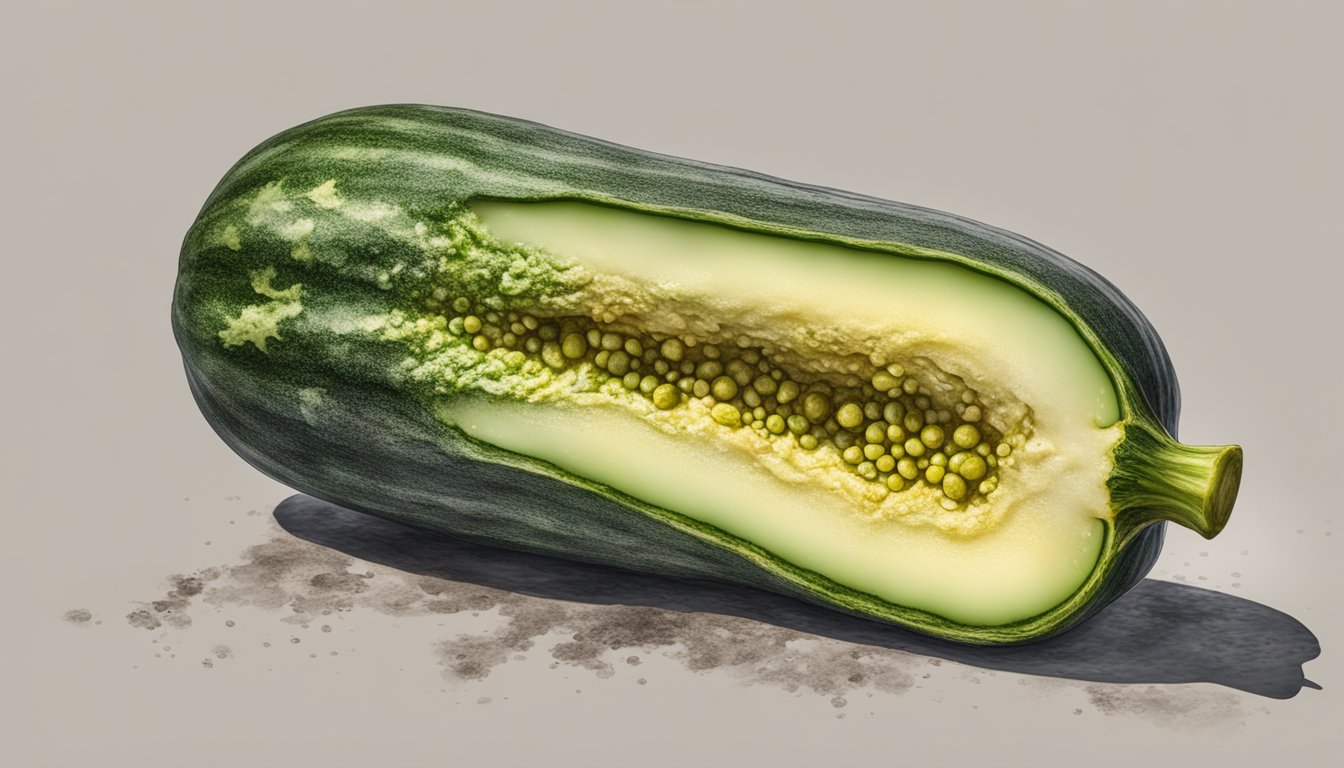 A moldy zucchini on a kitchen counter, with visible signs of decay and discoloration