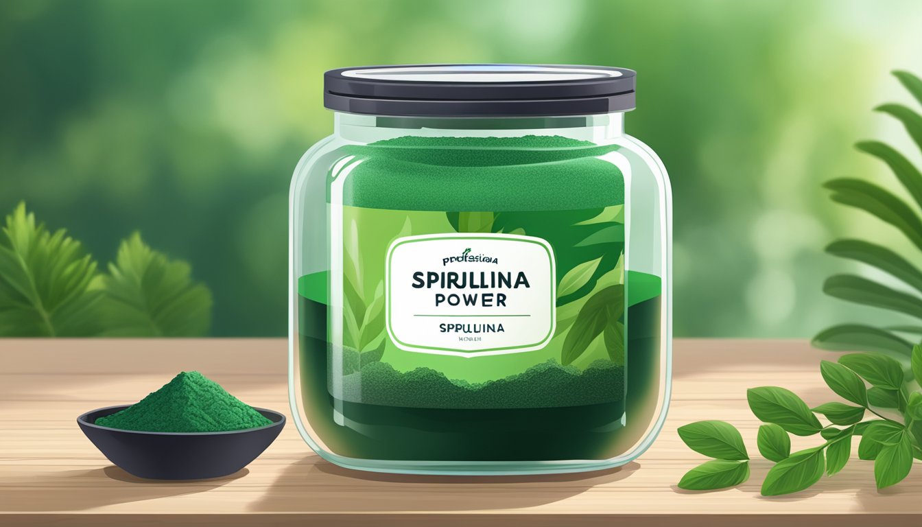 A clear, glass jar filled with spirulina powder sits on a wooden table, surrounded by lush green plants and a small scoop