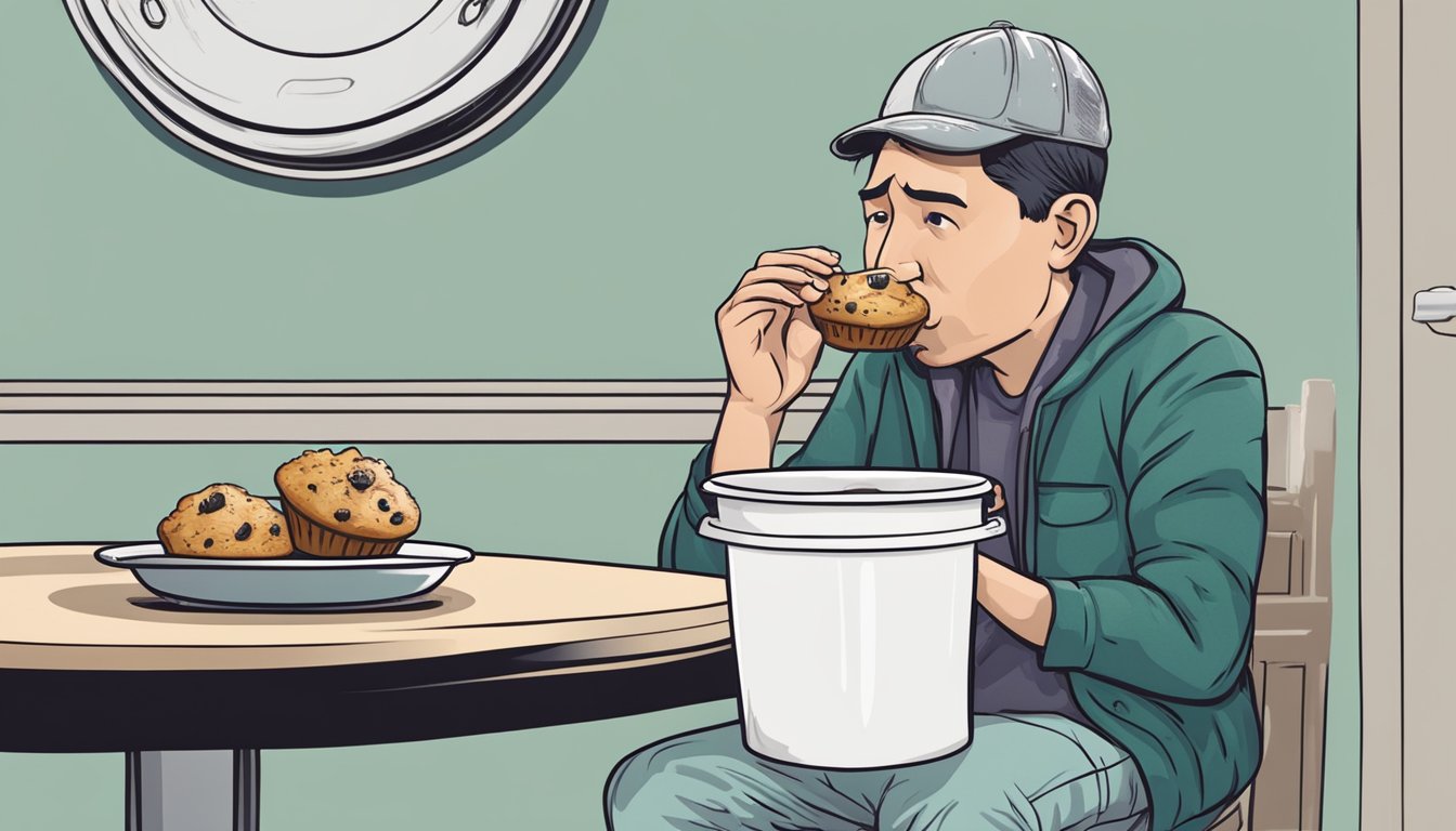 A moldy muffin sits on a plate next to a trash can. A person holds their nose and looks disgusted