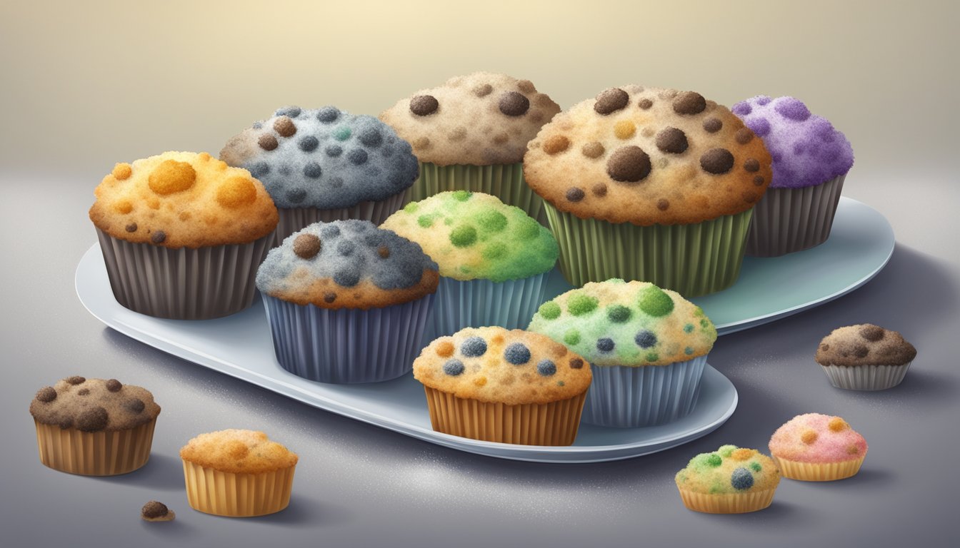 A muffin covered in various types of mold, some fuzzy, some powdery, sitting on a plate