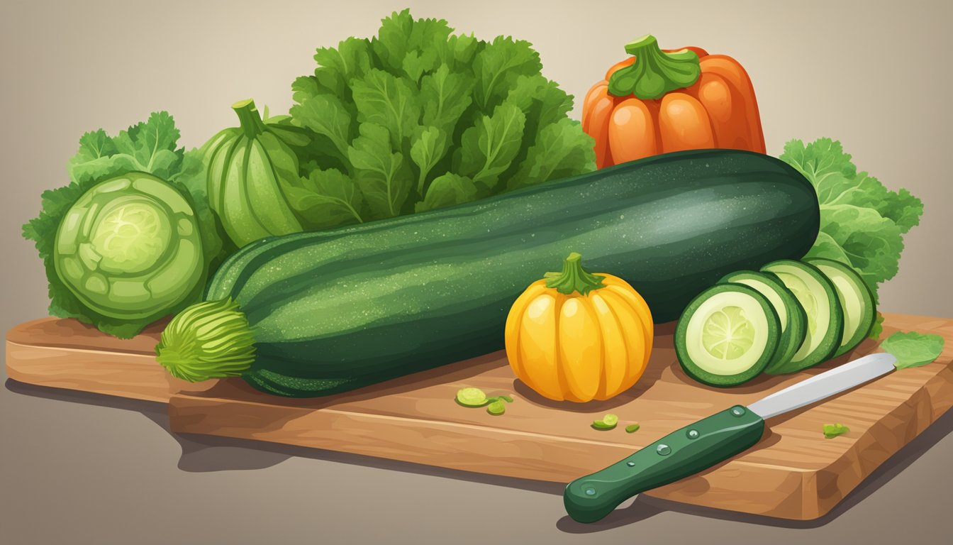 A moldy zucchini sits on a cutting board, surrounded by other fresh vegetables