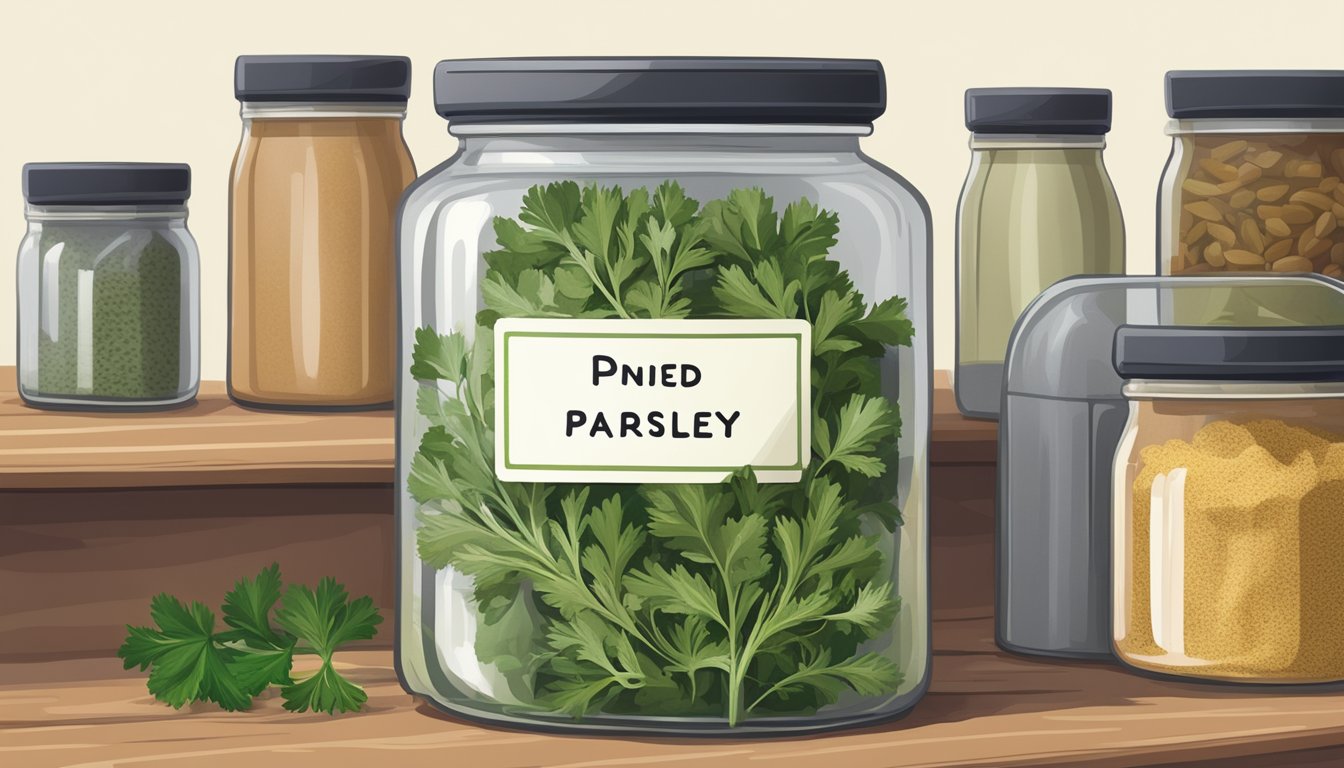 A jar of dried parsley with an expiration date clearly marked, placed next to other spices in a well-organized pantry