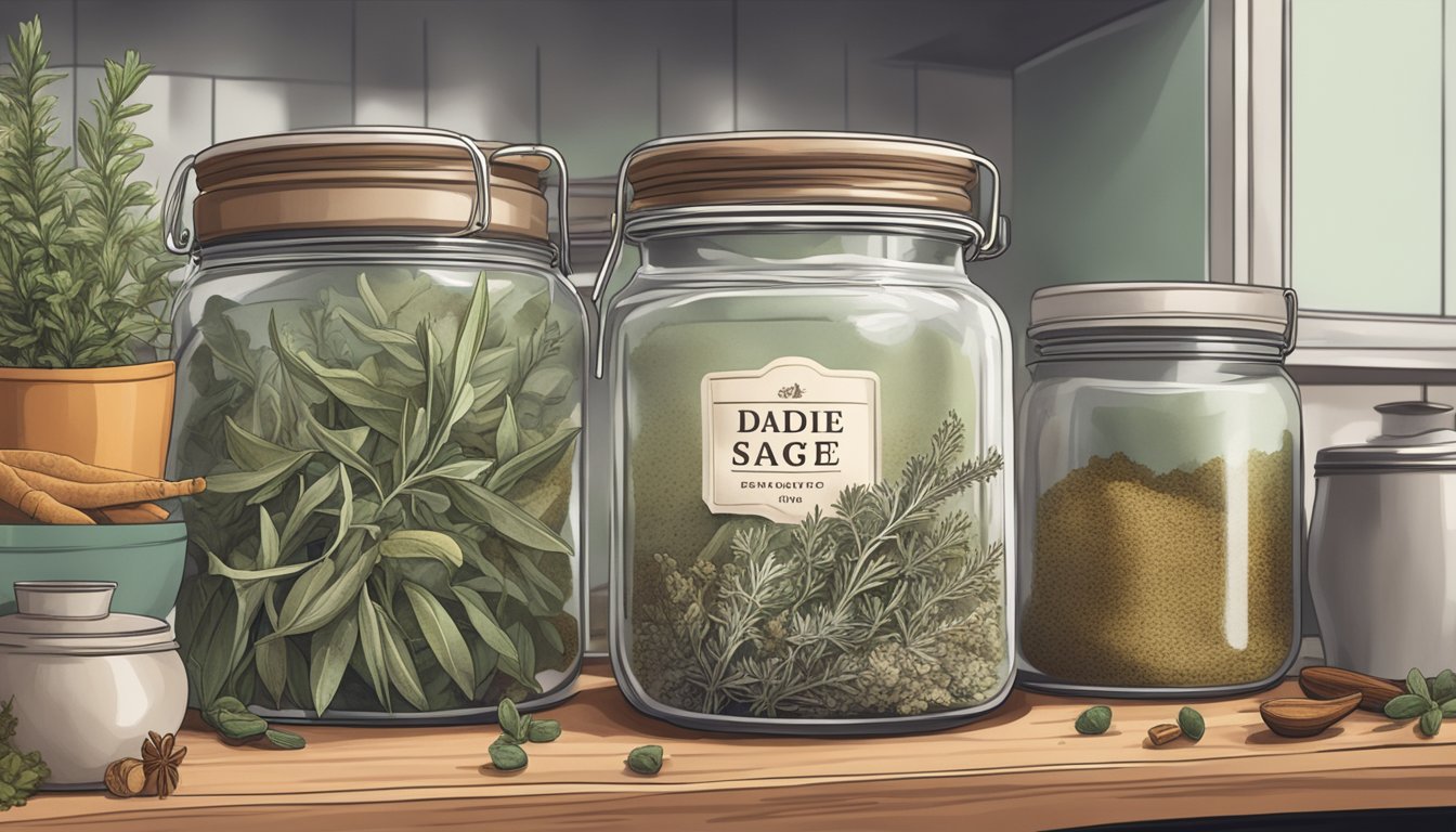 A jar of expired dried sage with a faded label, surrounded by other dried herbs and spices on a cluttered kitchen shelf