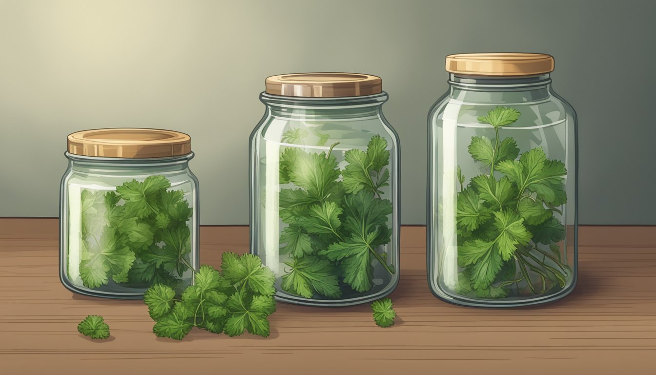 A jar of expired dried parsley next to a fresh jar. The expired jar has a faded label and is surrounded by cobwebs