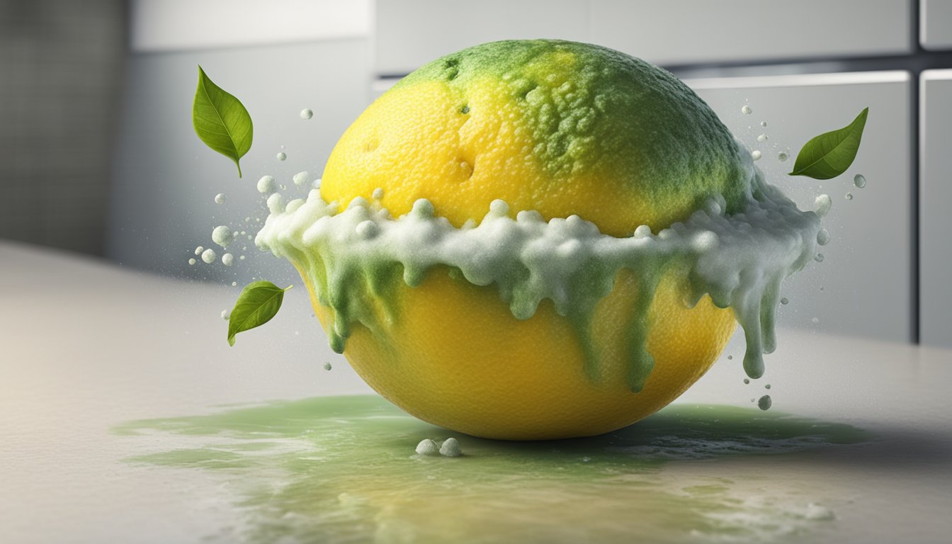 A moldy lemon sits on a kitchen counter. Green and white mold covers the surface, with a musty odor emanating from the fruit