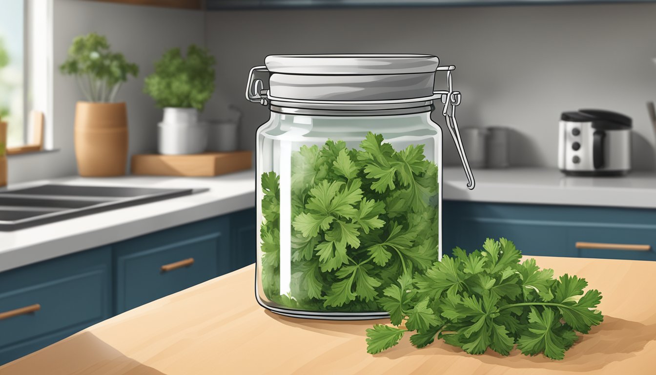 A jar of expired dried parsley next to a "best by" date on a kitchen counter