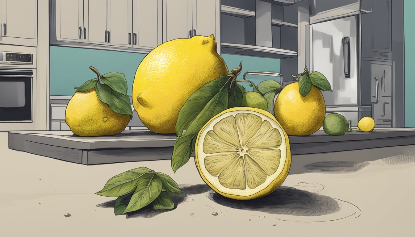 A moldy lemon sits on a kitchen counter, surrounded by other fruits. A person looks at it with uncertainty, questioning its safety to eat