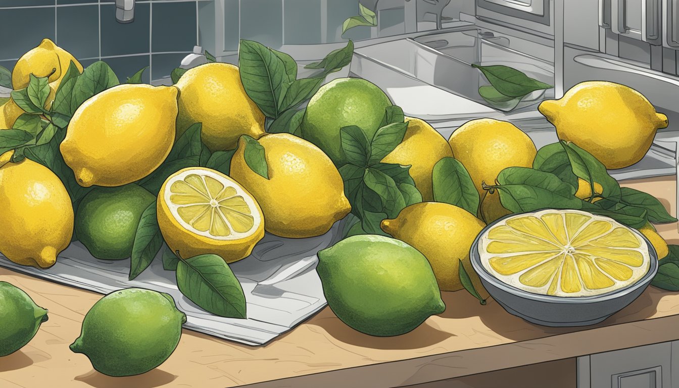 A pile of moldy lemons sits on a kitchen counter, surrounded by other fresh fruits. A concerned person looks at them with hesitation