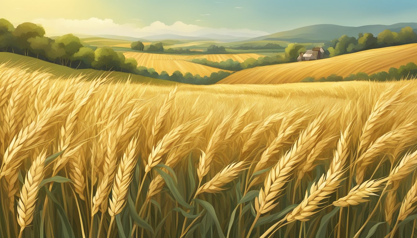 A spelt field with golden stalks swaying in the breeze, surrounded by a peaceful countryside landscape