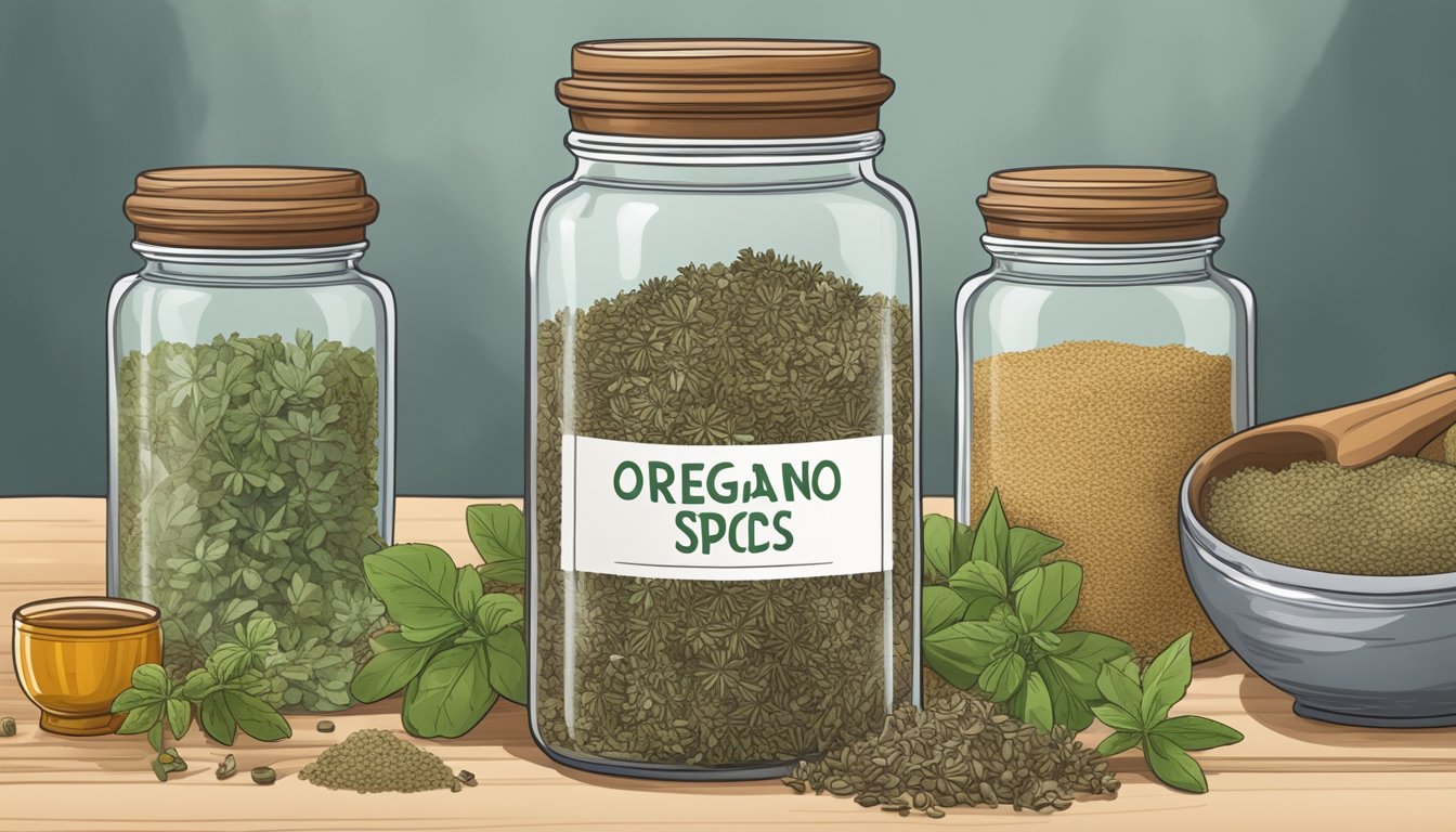 A jar of dried oregano with a faded expiration date sits on a kitchen shelf, surrounded by other spices and herbs