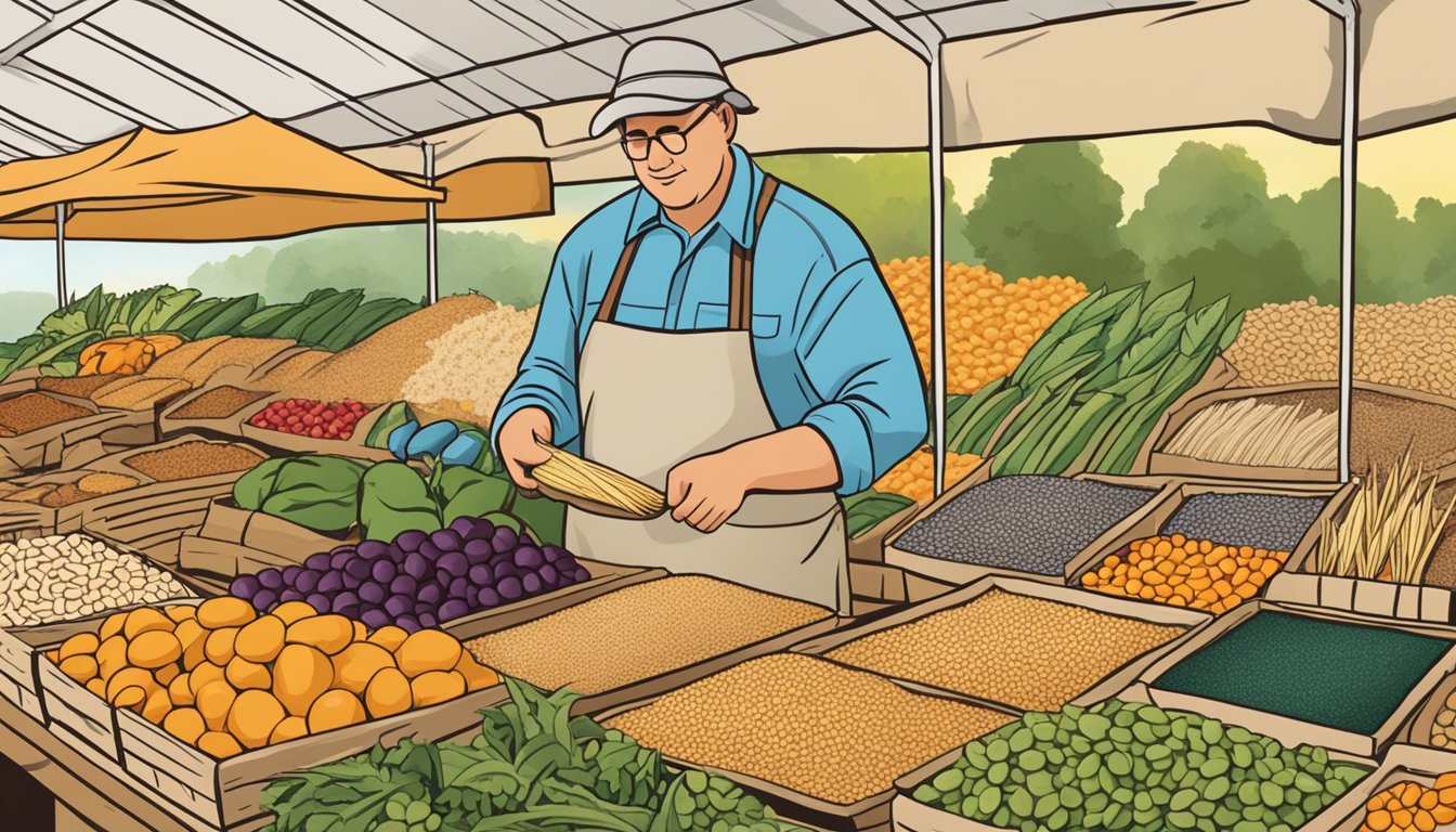 A person shopping for spelt at a farmer's market, surrounded by various grains and produce, with a sign indicating "Spelt" in the background