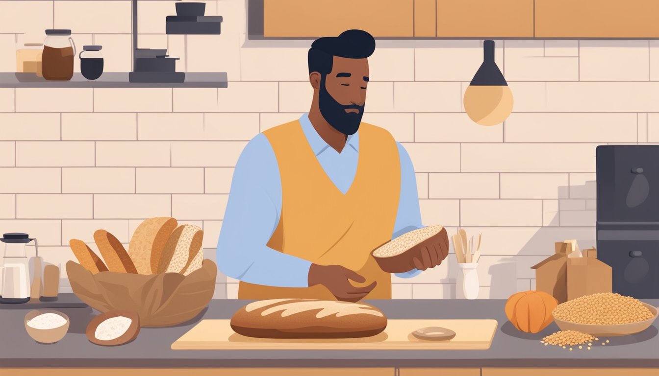 A person holding a loaf of spelt bread, surrounded by various alternative grains and dietary options on a kitchen counter