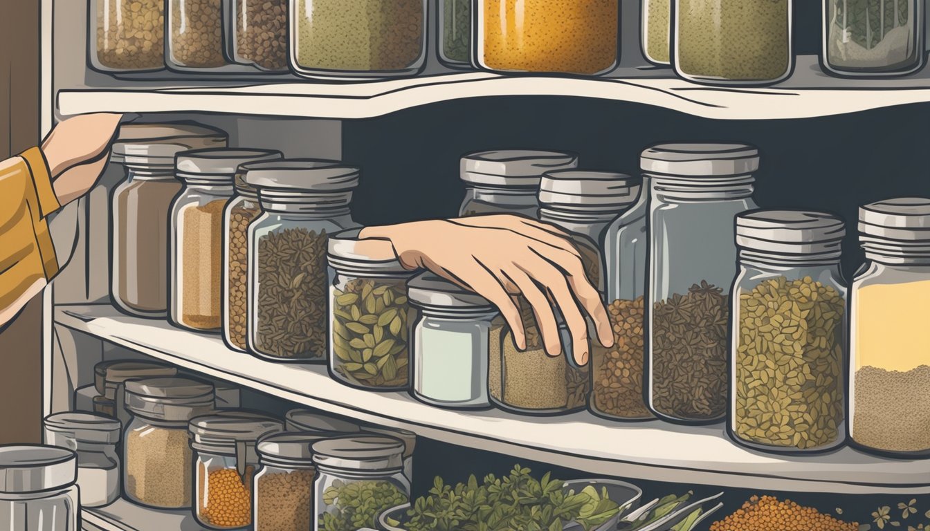 A hand reaching for a jar of dried oregano with a faded expiration date, surrounded by other spices on a cluttered kitchen shelf