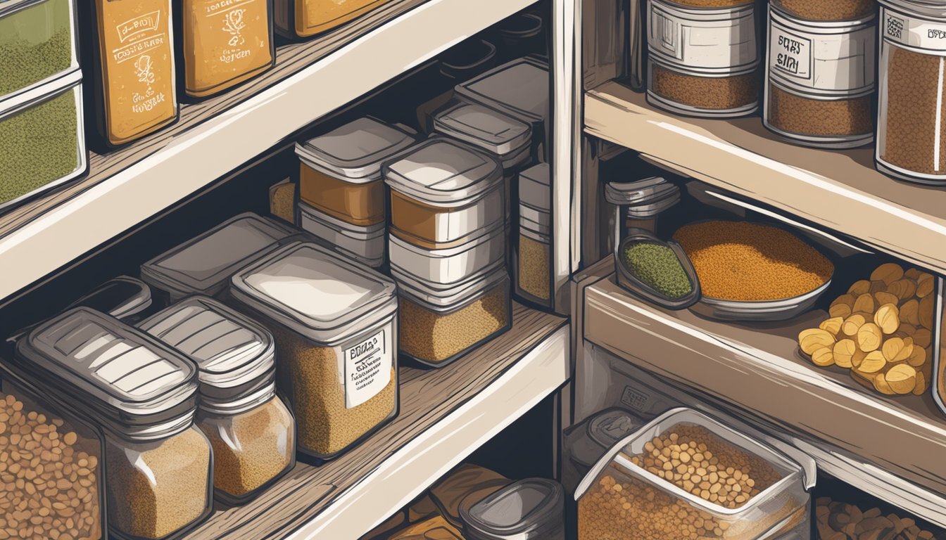 A pantry shelf with expired dried onion packaging, surrounded by other dry goods and spices, with a label indicating the expiration date