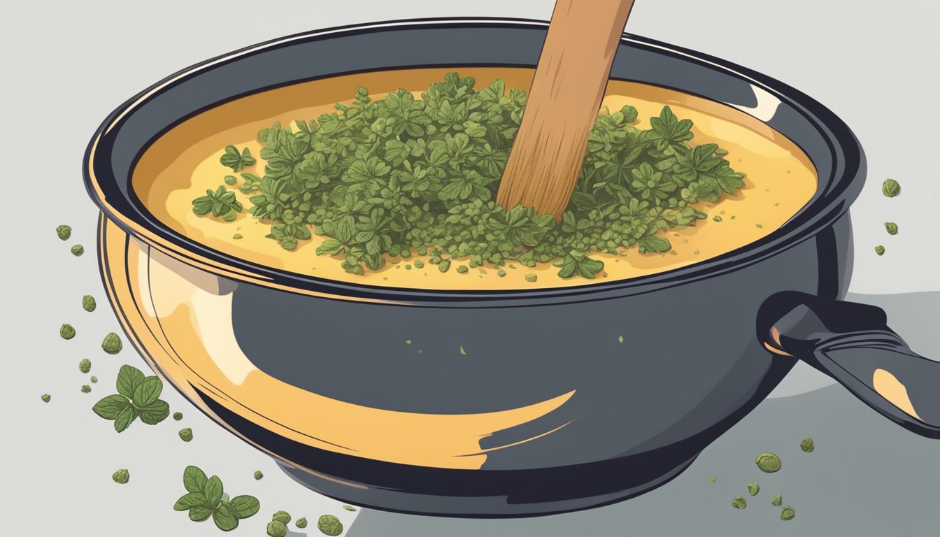 A hand sprinkling dried oregano onto a steaming pot of soup