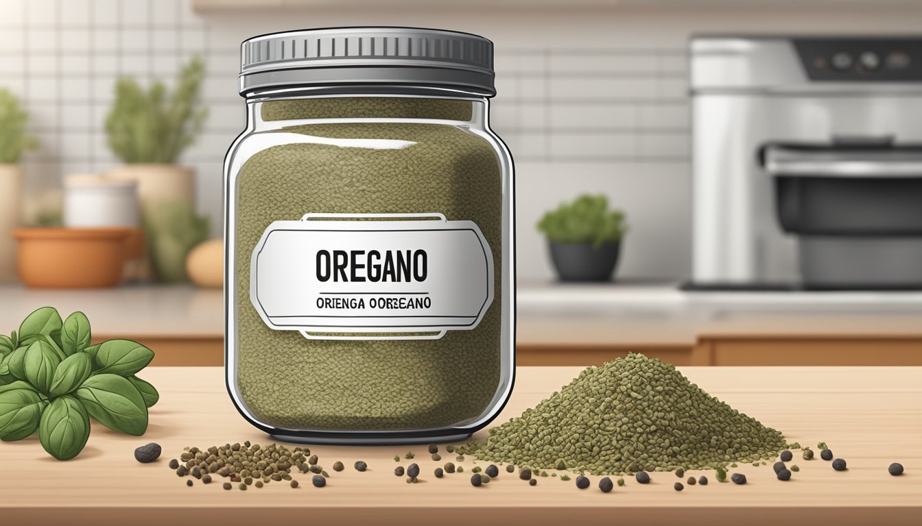 A jar of dried oregano with a faded expiration label, surrounded by other spices on a kitchen countertop