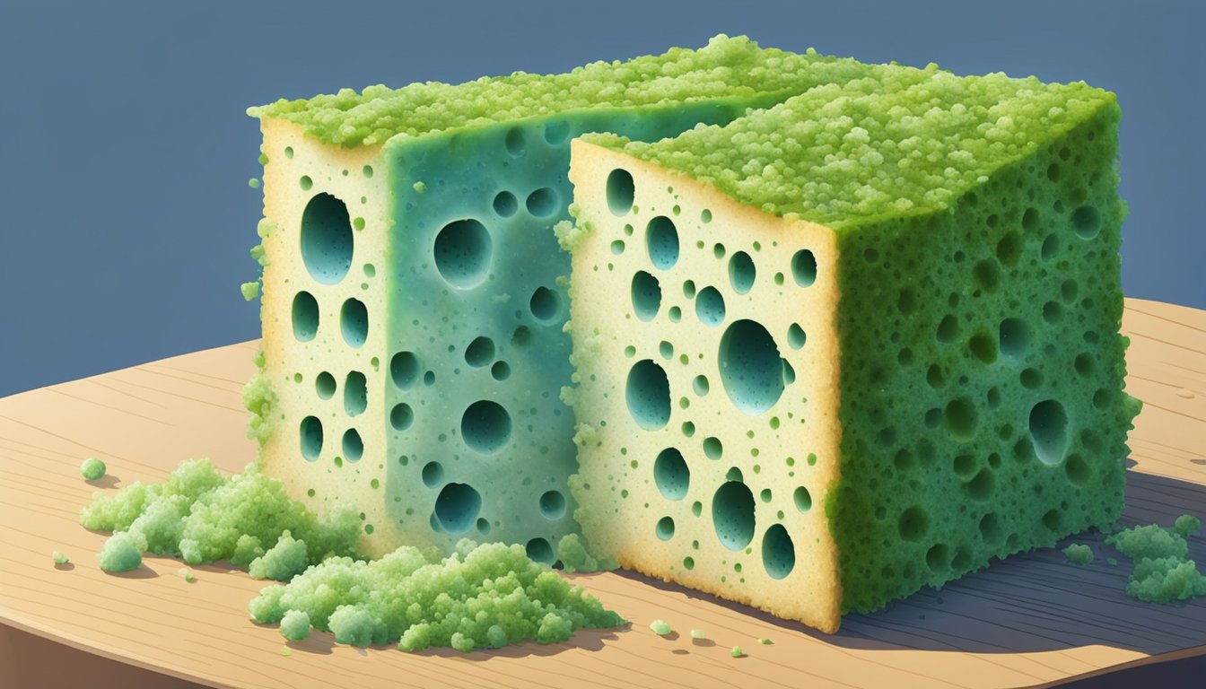 A block of moldy grated parmesan cheese sits on a cutting board, with visible green and blue mold spores covering the surface