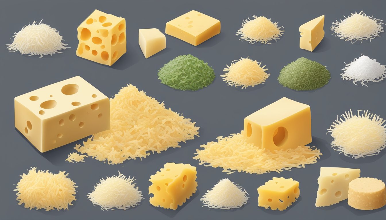 A close-up of moldy grated parmesan cheese next to other cheese varieties for comparison