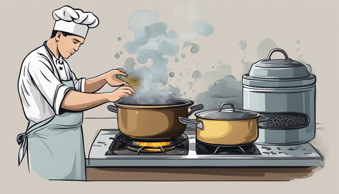 A chef using moldy ingredients in a pot on a stove