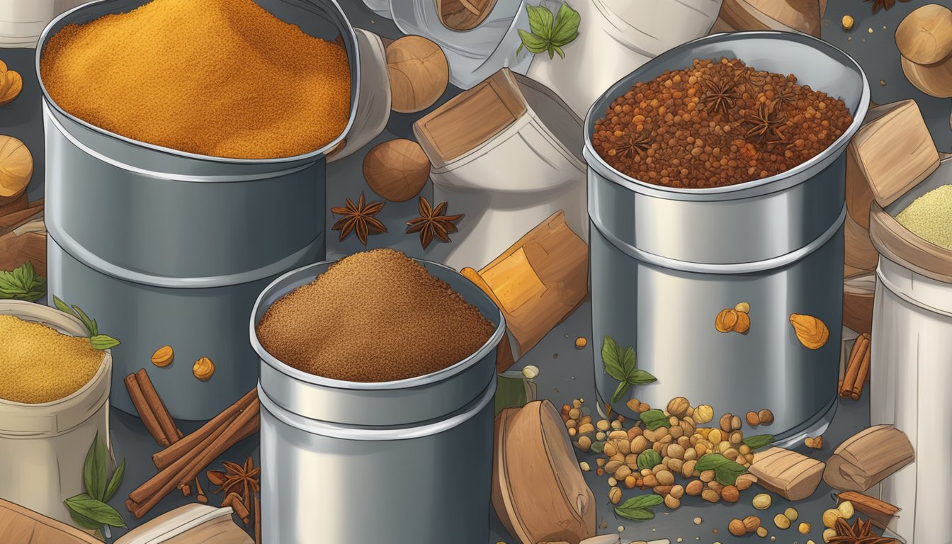 A pile of expired spices being thrown into a trash can