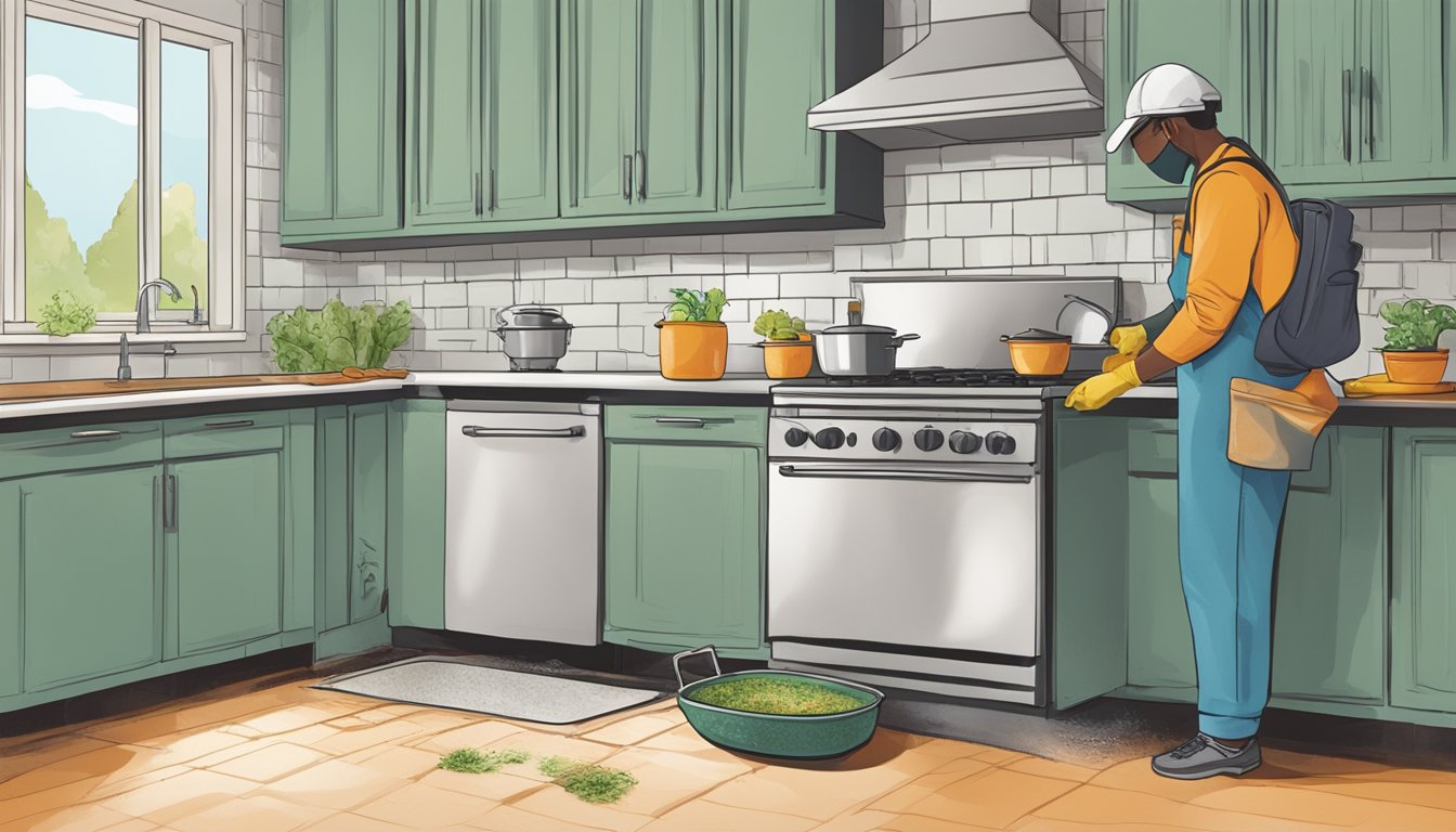 A kitchen with mold-free food being cooked on the stove, while a person cleans mold from the walls using a mold remediation product