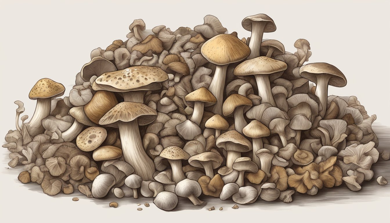 A pile of dried mushrooms with visible signs of spoilage, such as discoloration, mold, and a musty odor