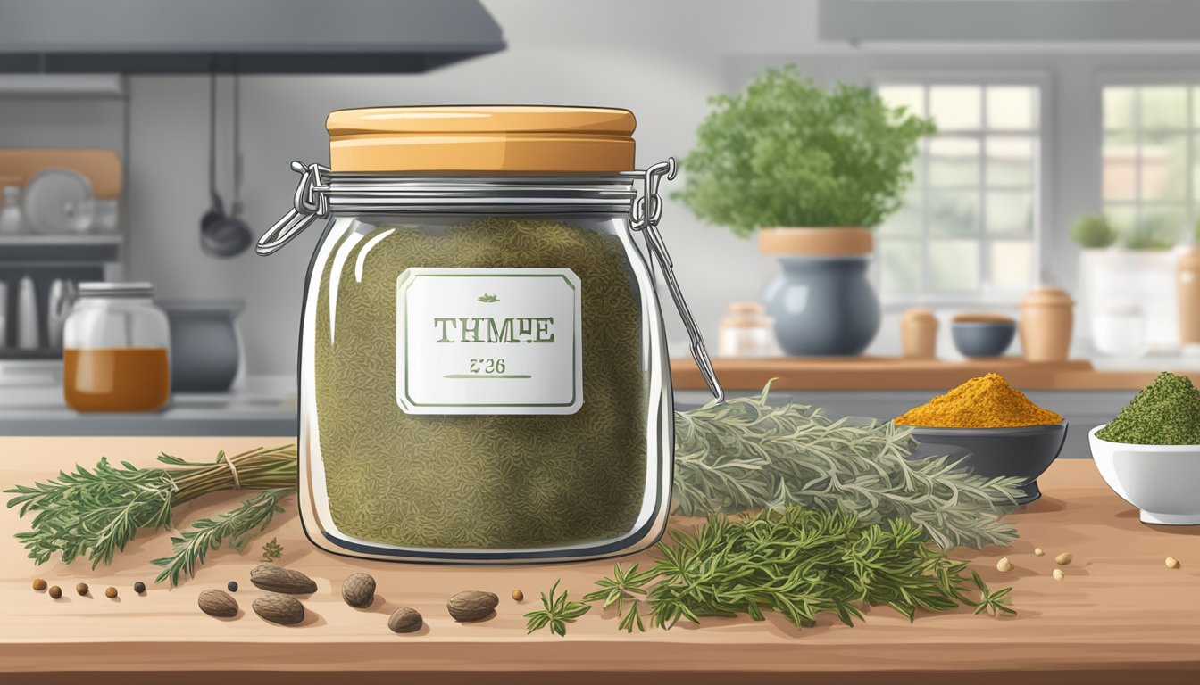 A jar of dried thyme with a faded expiration date, surrounded by other herbs and spices on a kitchen counter