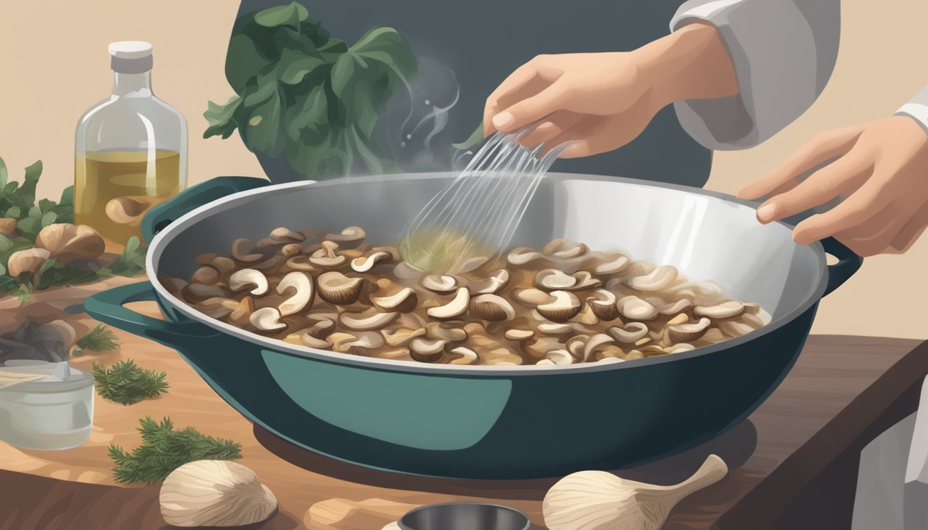 A person is soaking expired dried mushrooms in water, then cooking them in a pan with oil, garlic, and herbs