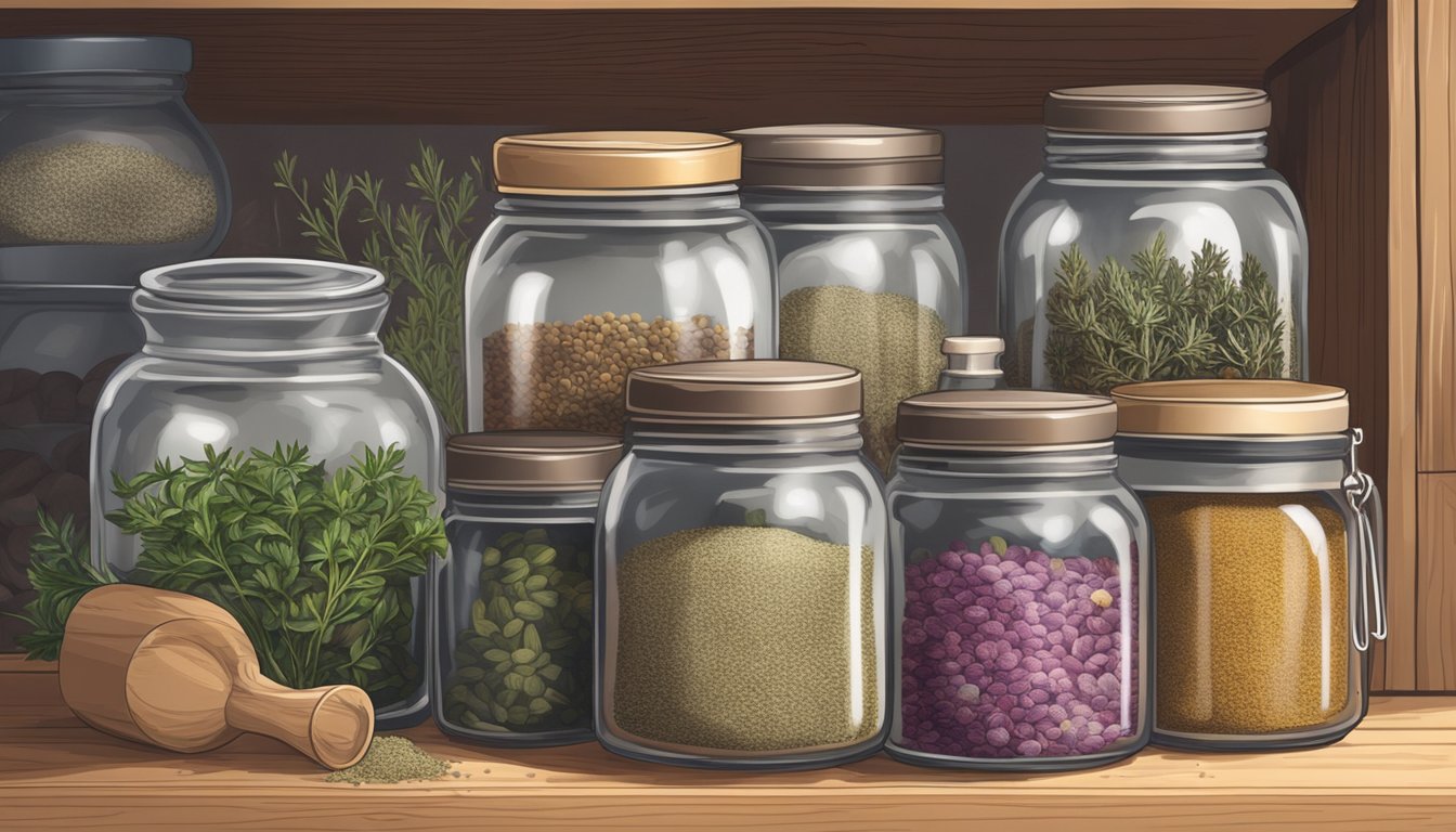 A jar of dried thyme sits on a pantry shelf, surrounded by other spices. The jar is covered in dust, indicating it has been there for a long time