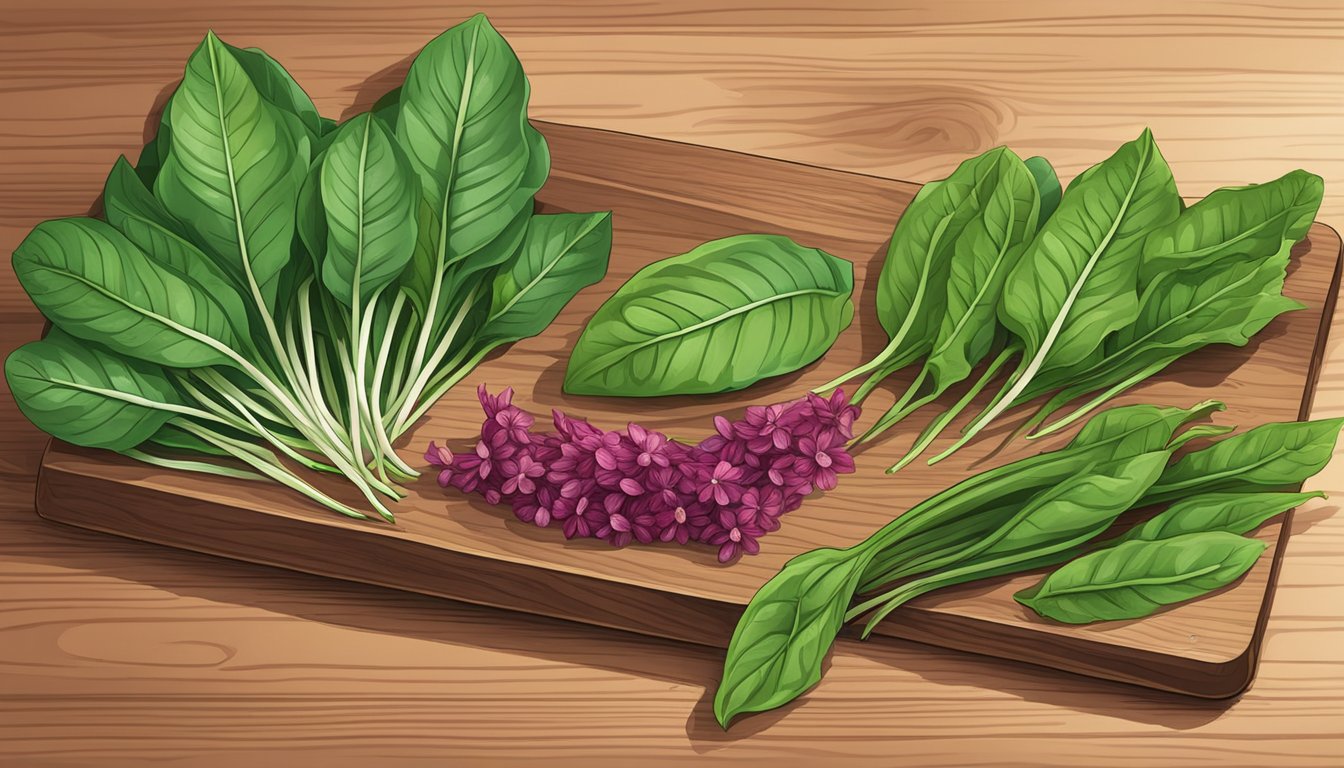 A colorful array of fresh sorrel leaves, with a few stems and flowers, arranged on a wooden cutting board