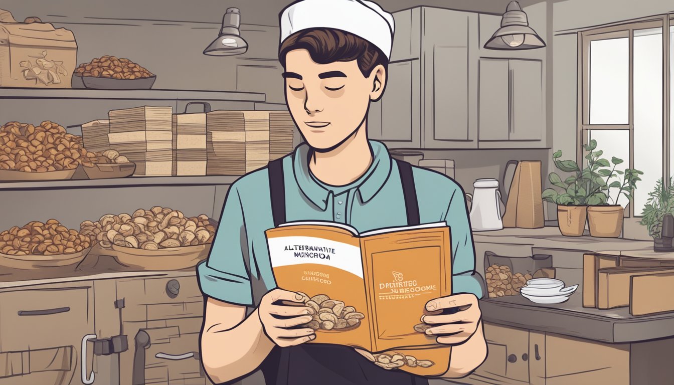 A person holding a bag of expired dried mushrooms with a puzzled expression, while looking at a cookbook for alternative uses