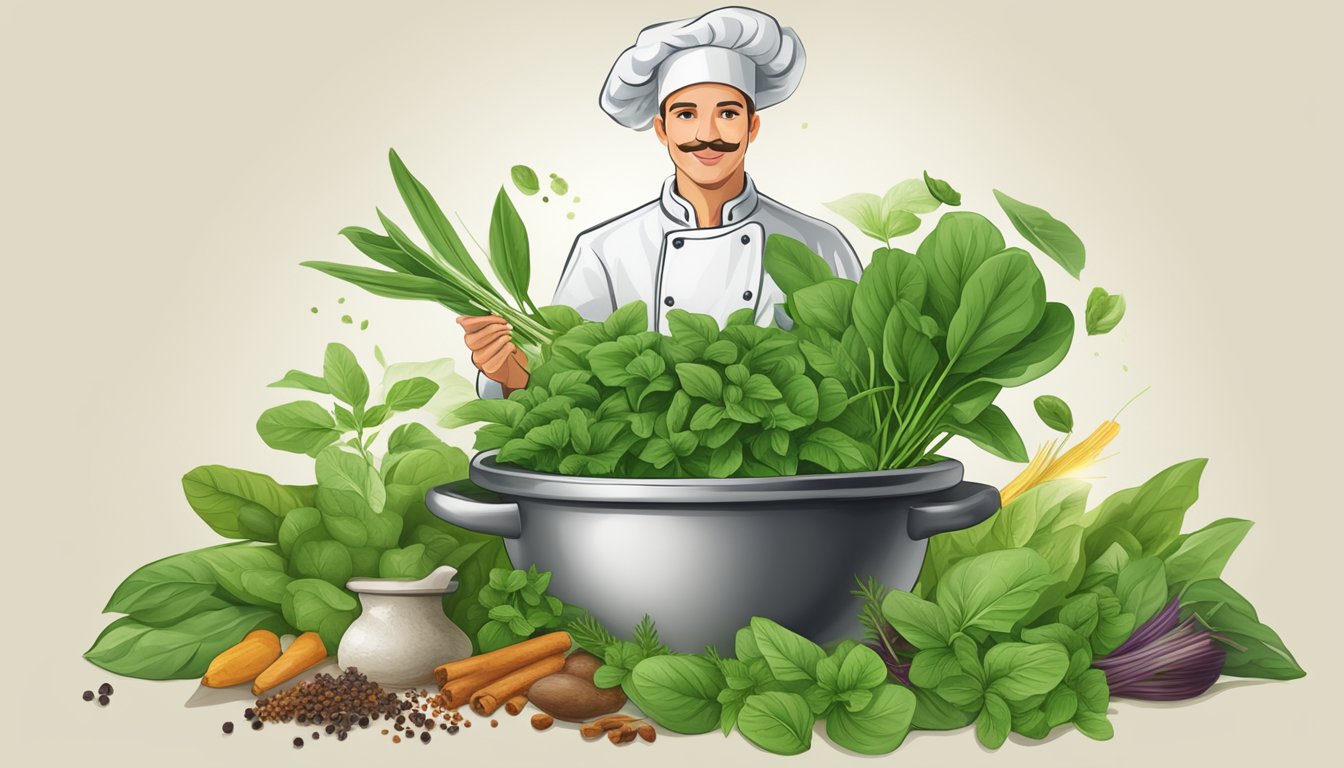 A chef holding a bunch of vibrant green sorrel leaves, with a mortar and pestle nearby, surrounded by various herbs and spices