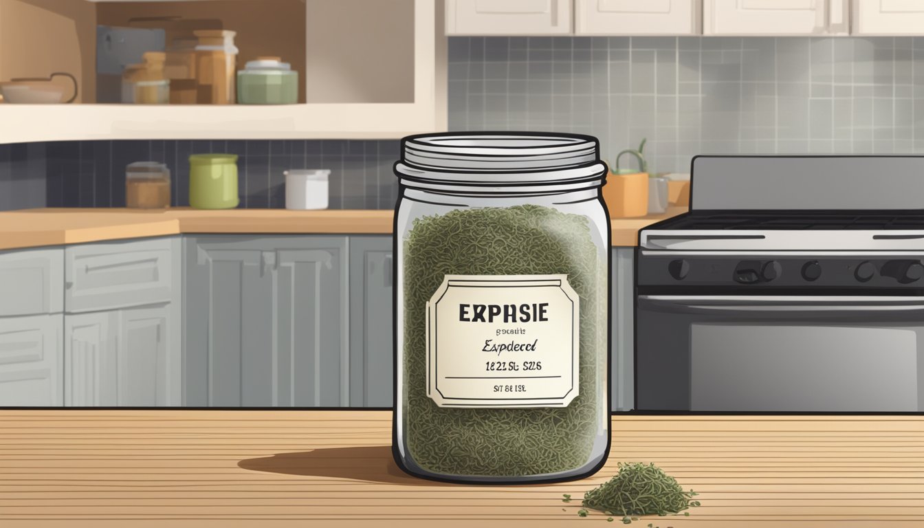 A jar of expired dried thyme sitting on a kitchen countertop, with a label showing the expiration date