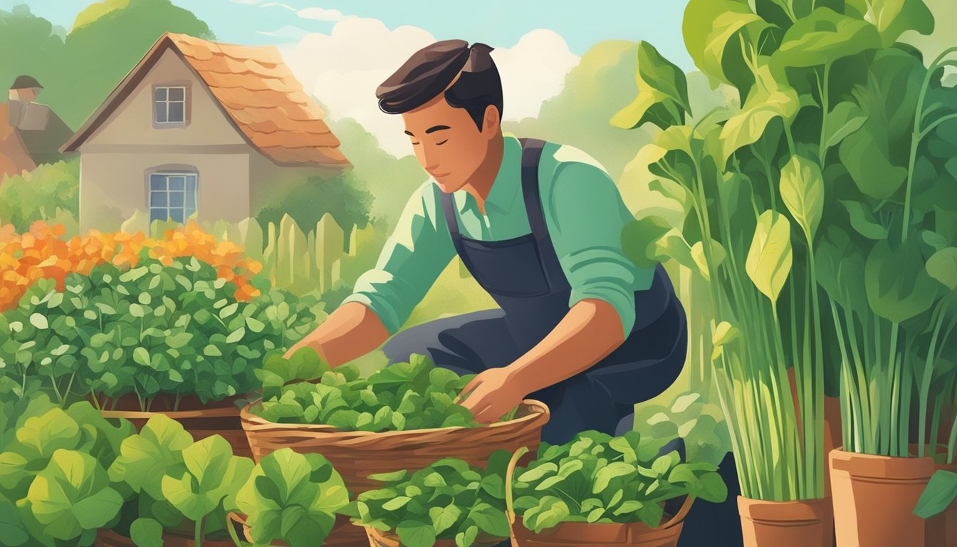 A person picking sorrel from a garden, with a basket of various herbs and vegetables nearby. The sorrel is vibrant green and the scene is bathed in warm sunlight